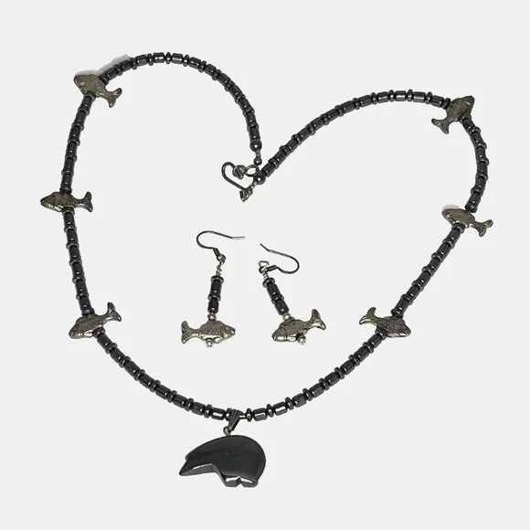 Southwest Hematite Native Fetish Bear w Fishes Set Necklace, Drop Earrings 21" L - Picture 2 of 7